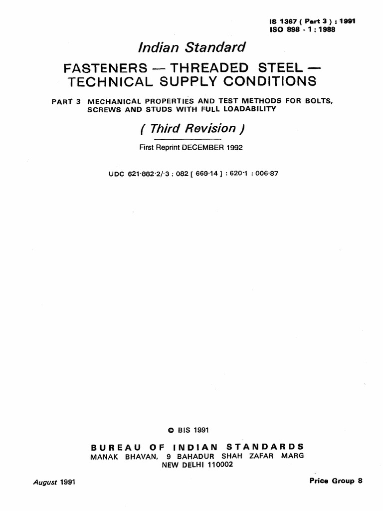 Indian Standard Fasteners Threaded Steel Technical Supply