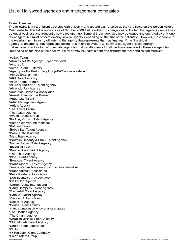 List of Hollywood Agencies | PDF | Cultural Organizations | Acting