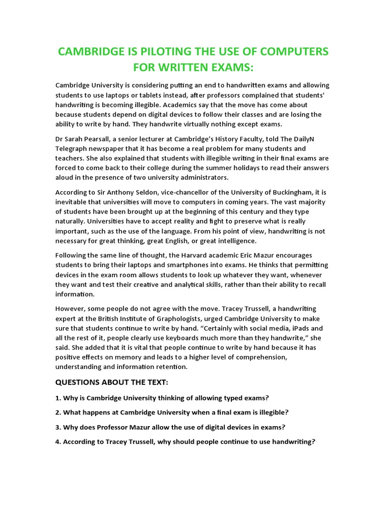 Cambridge Is Piloting The Use of Computers For Written Exams | PDF ...