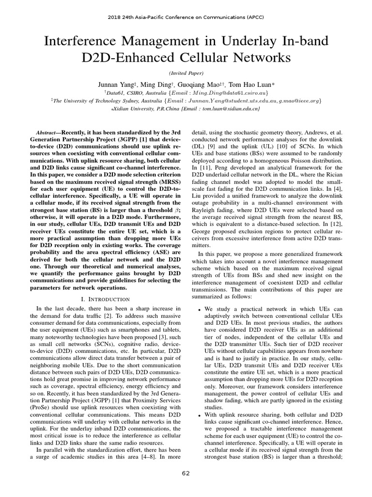 D2D Interference Management in Cellular Networks | PDF | Cellular ...
