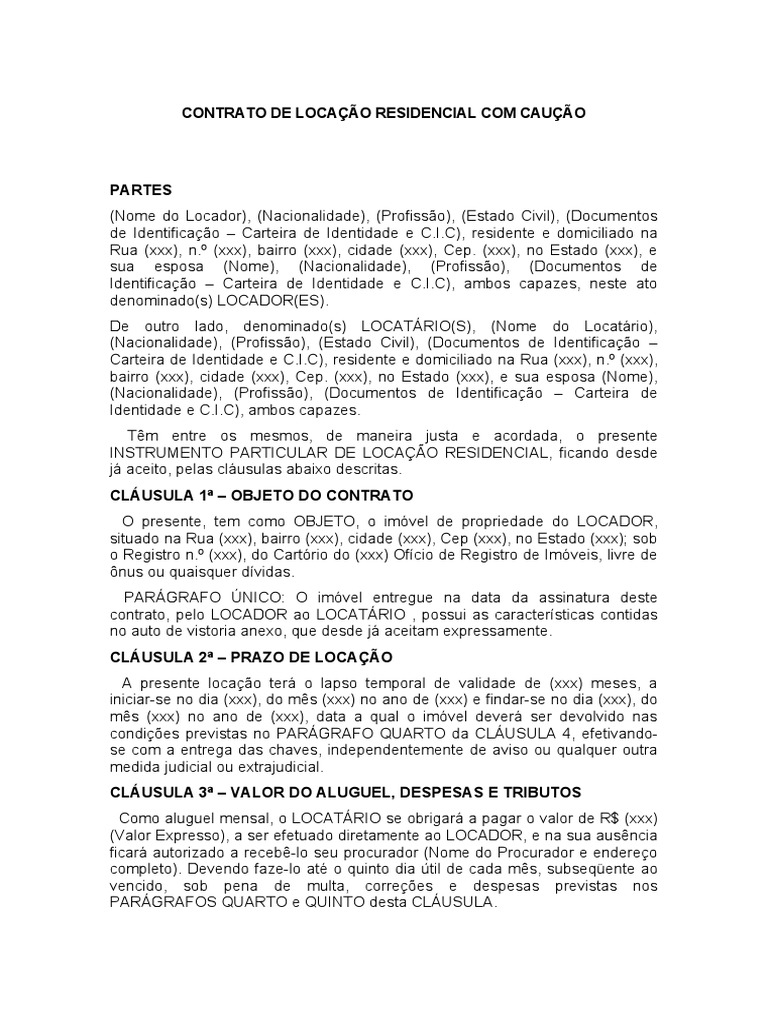 Contrato de Locação Residencial com Caução | PDF | Aluguel | Cheque (banco)