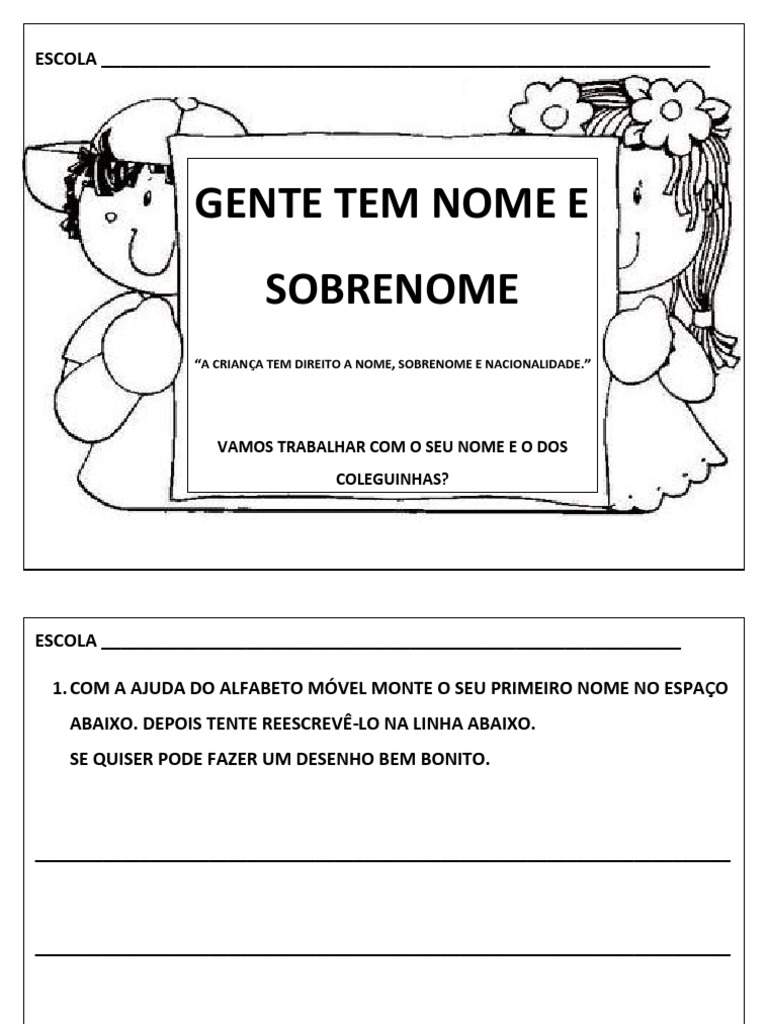 Atividades sobre Nome e Sobrenome 1º Ano | PDF