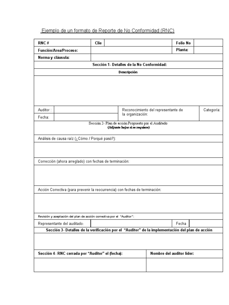 Ejemplo de Un Formato de Reporte de No Conformidad (RNC) | PDF