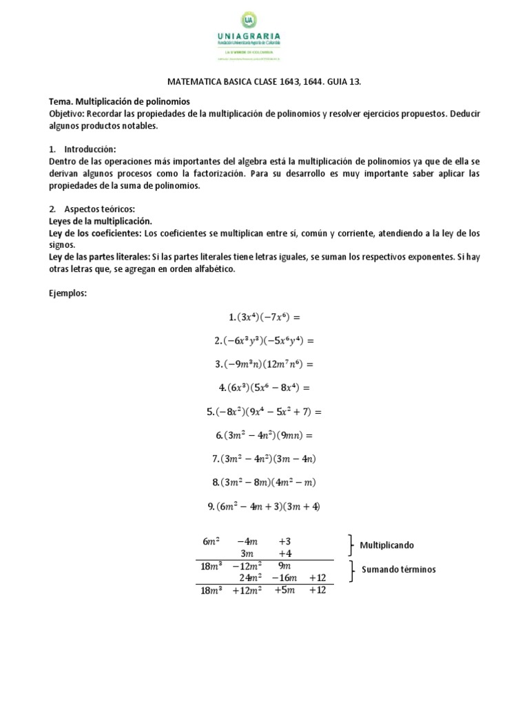 Multiplicación de Polinomios: Guía 13 | PDF | Multiplicación ...