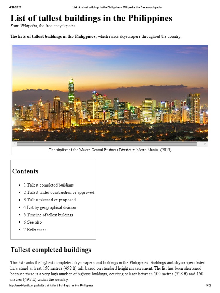 List Of Tallest Buildings In The Philippines Wikipedia The Free Encyclopedia Pdf Metro Manila Makati