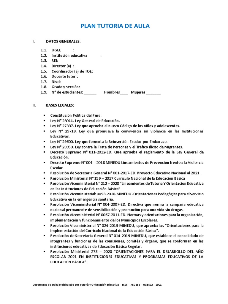 Plan Tutorial de Aula 2025 | PDF | Salón de clases | Educación primaria