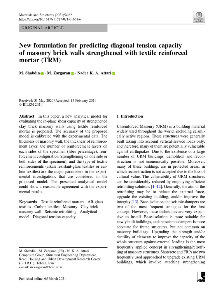 Predicting Diagonal Tension in TRM Masonry | PDF | Strength Of ...