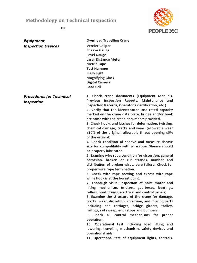 Overhead Crane Inspection Procedure PDF Crane (Machine) Rope