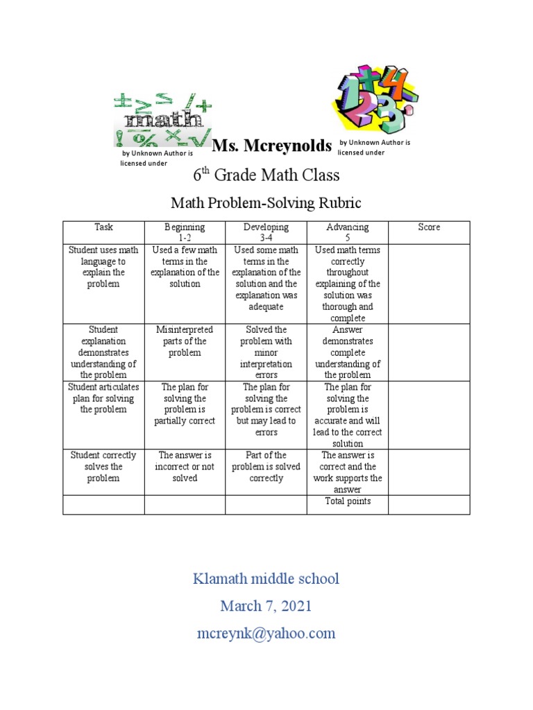 6th Grade Math Problem-Solving Rubric | PDF | Cognition | Behavior ...