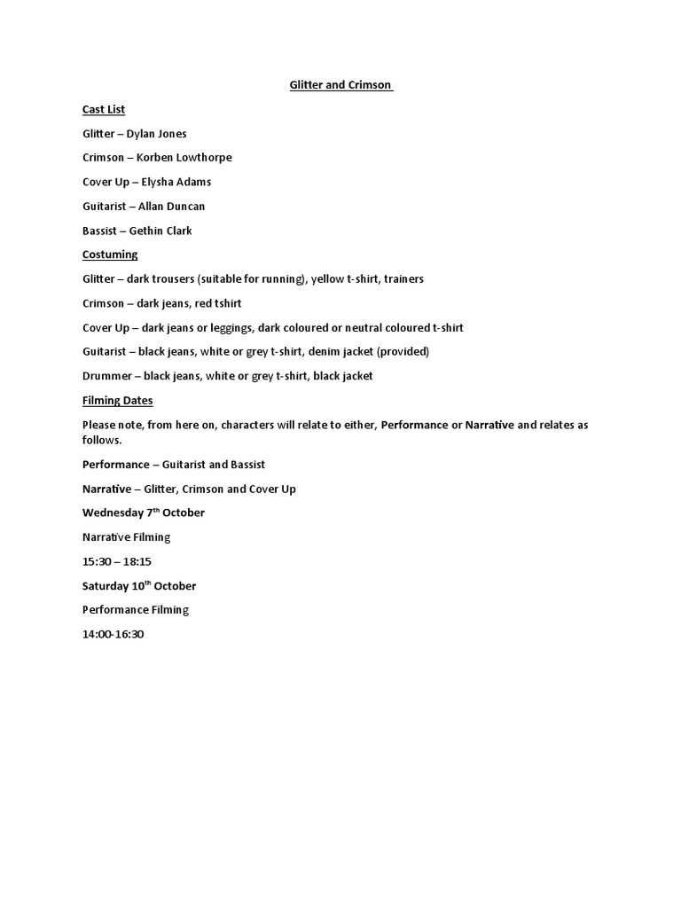 Glitter and Crimson Cast List PDF