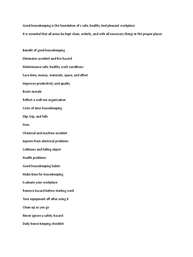 Good Housekeeping Is The Foundation of S Safe PDF Housekeeping