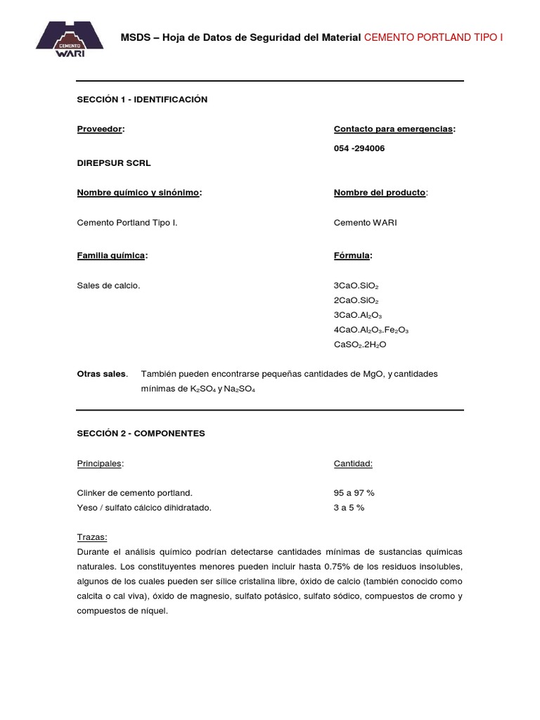 MSDS Cemento Portland Tipo I | PDF | Cemento | Quemar