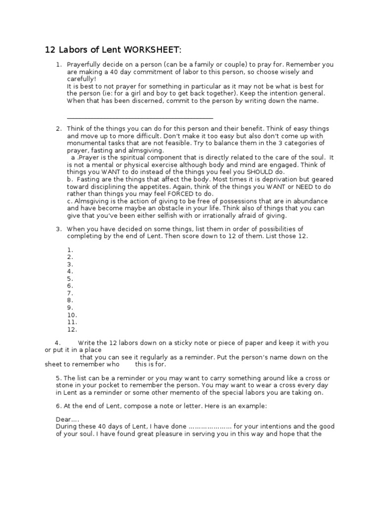 worksheet 12 Labors Of Hercules Worksheet 12 labors of lent worksheet religious behaviour and experience belief doctrine
