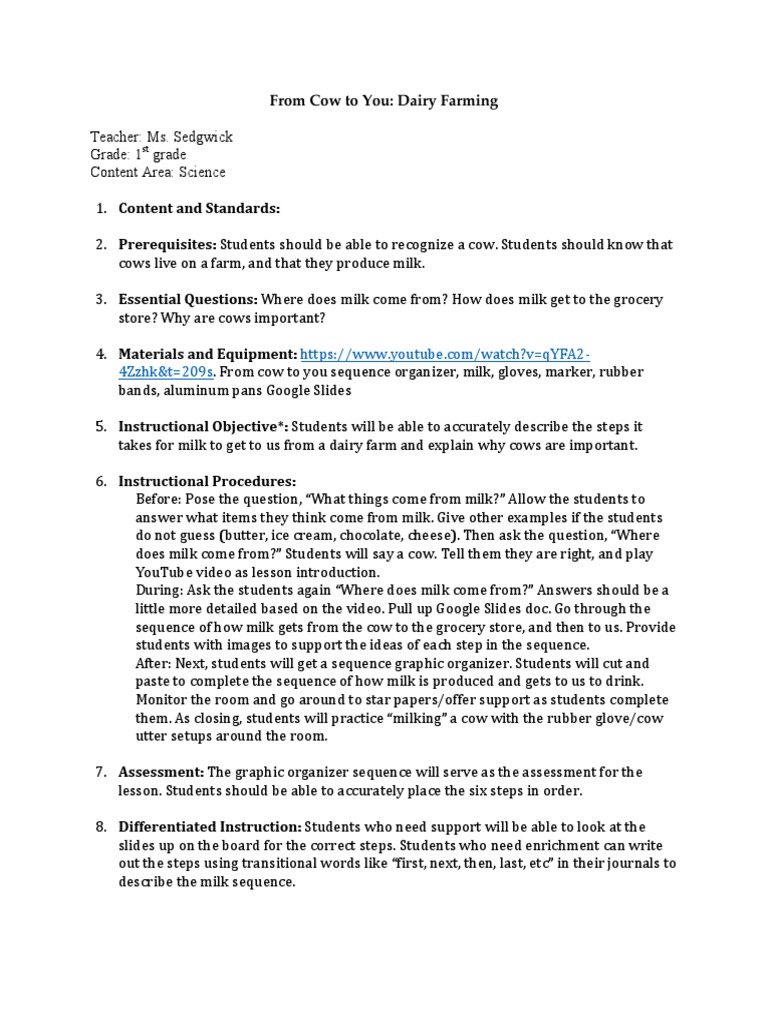 Dairy Farming Lesson Plan PDF Dairy Milk