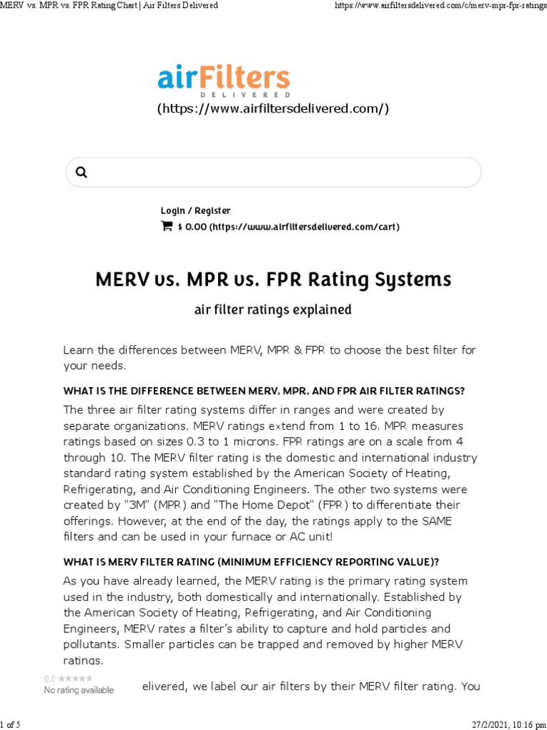 MERV vs. MPR vs. FPR Rating Chart Air Filters Delivered PDF Nature