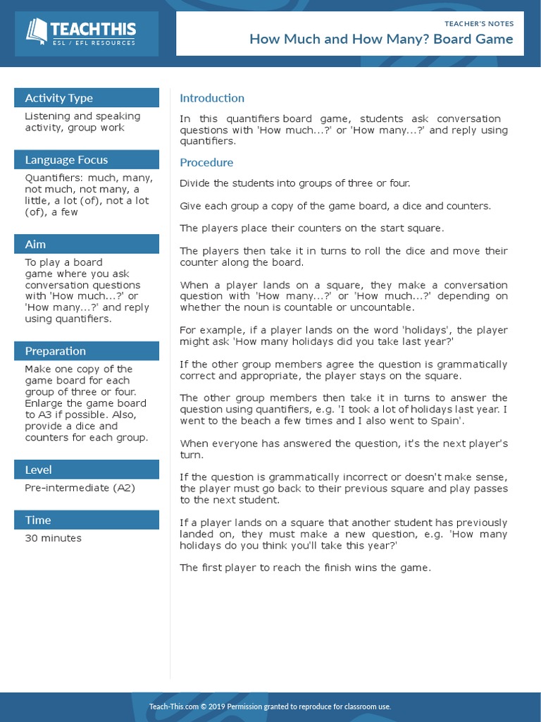 How Much and How Many? Board Game: Activity Type | PDF | Question ...