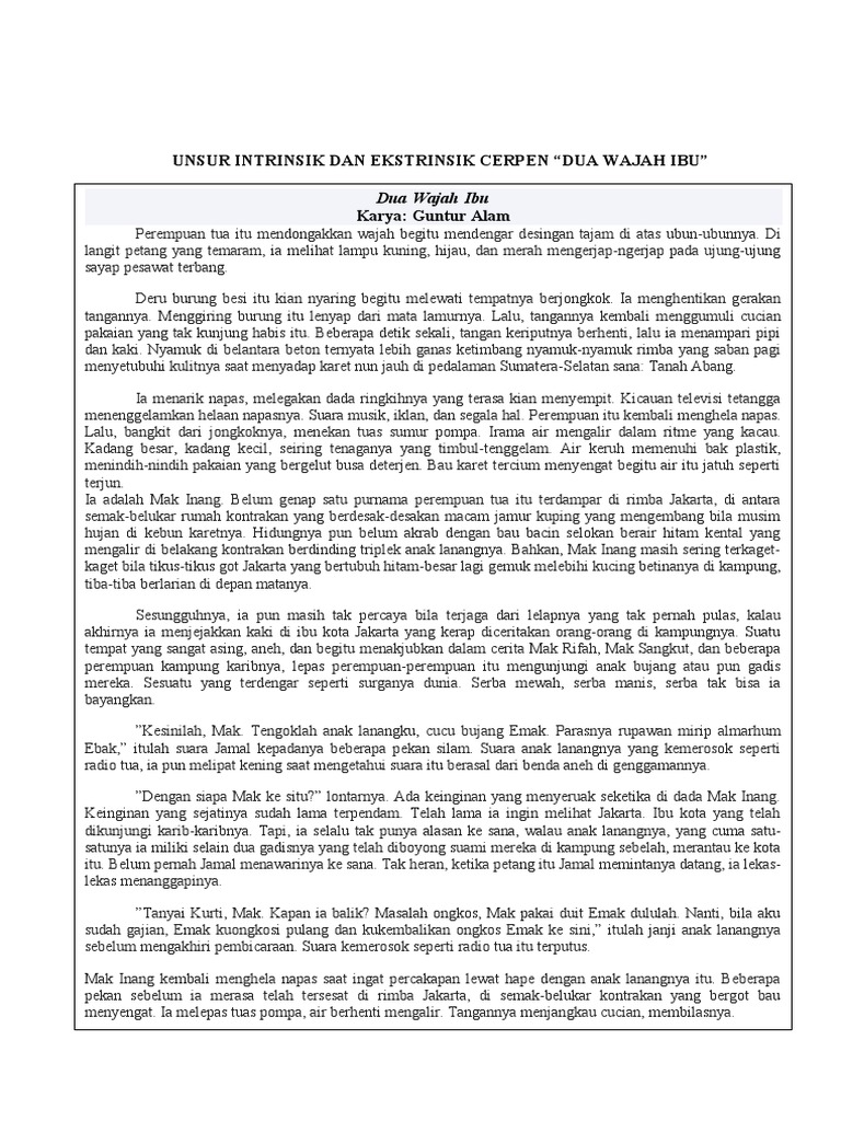 Unsur Intrinsik Dan Ekstrinsik Cerpen Wajah Ibu