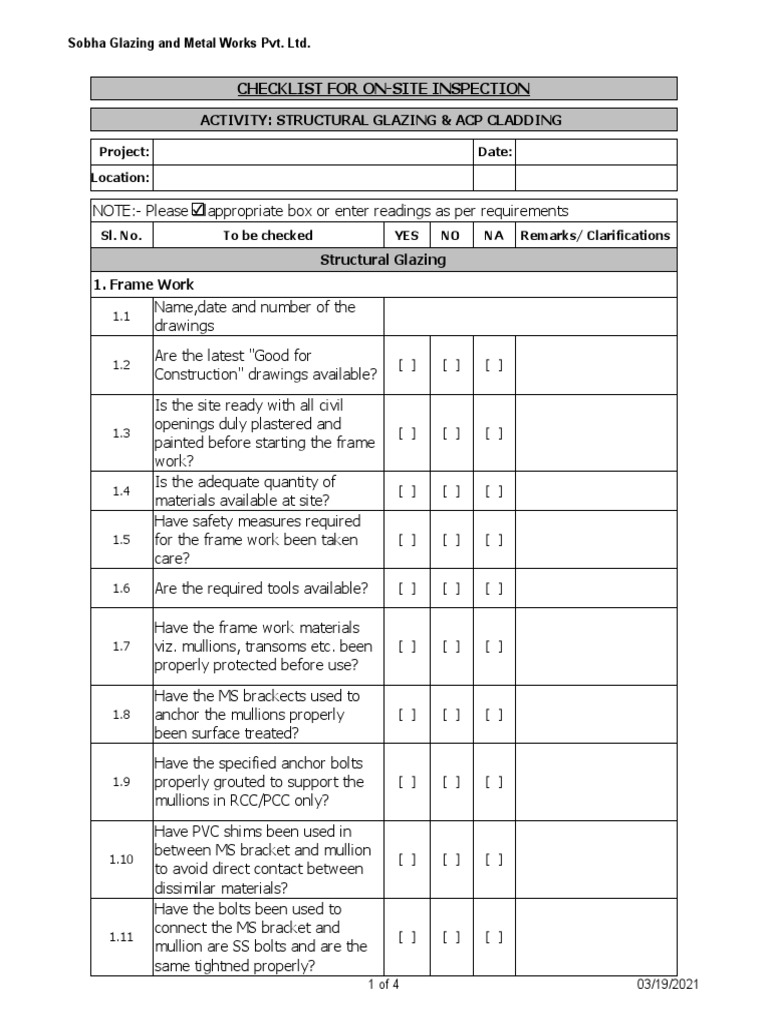 Checklist For OnSite Inspection Activity Structural Glazing & Acp