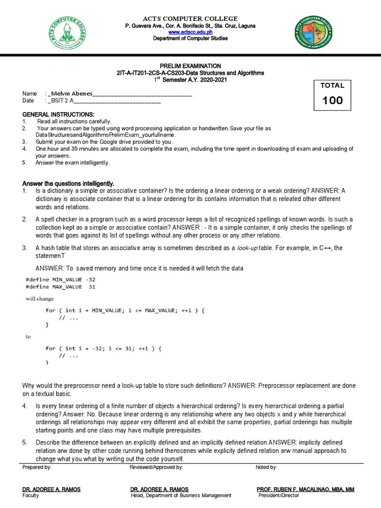 Data Structures Prelim Exam 2020-2021 | PDF | Array Data Structure ...