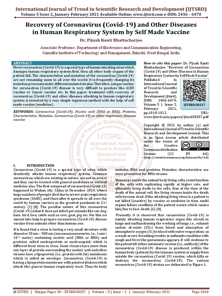 Recovery of Coronavirus Covid 19 and Other Diseases in Human ...