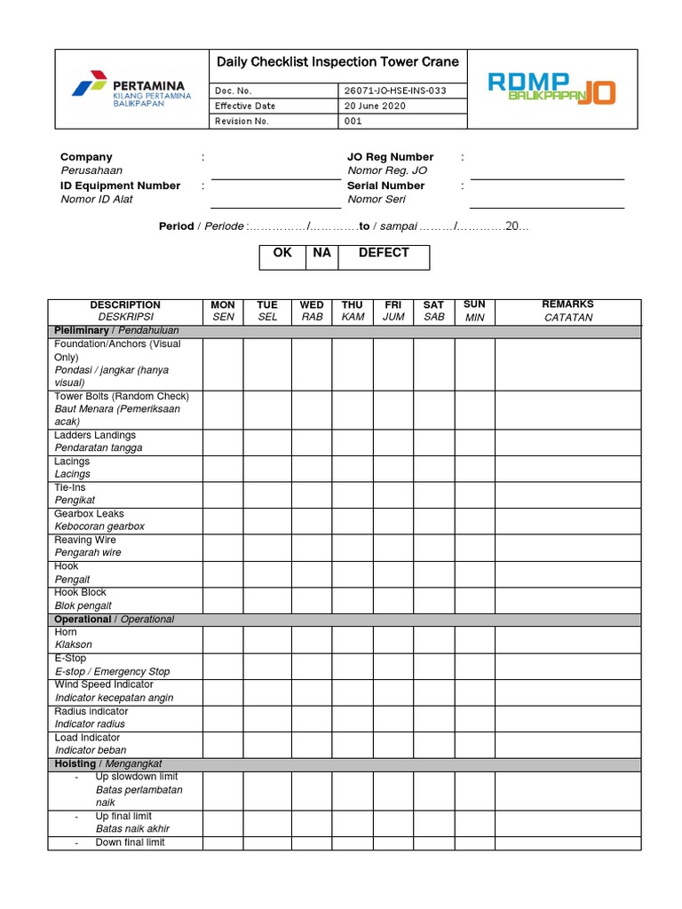 Tower Crane Daily Inspection Checklist | PDF | Tools | Equipment