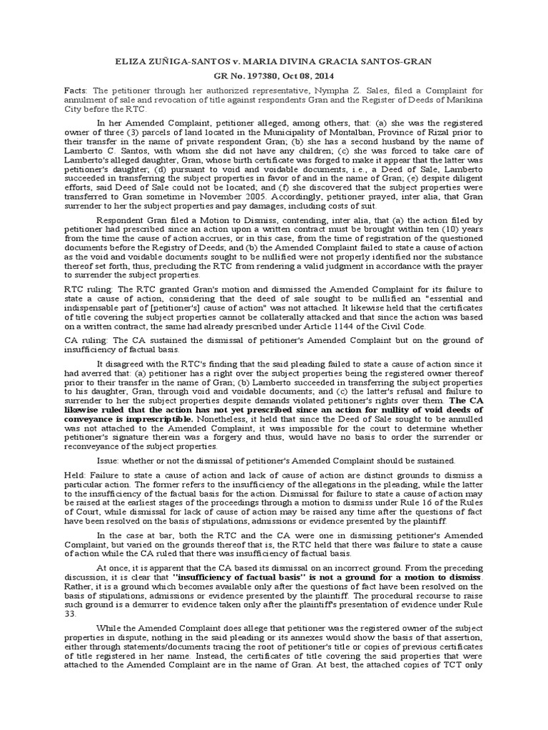 FULL CASEZunigaSantos Vs SantosGran PDF Demurrer Common Law