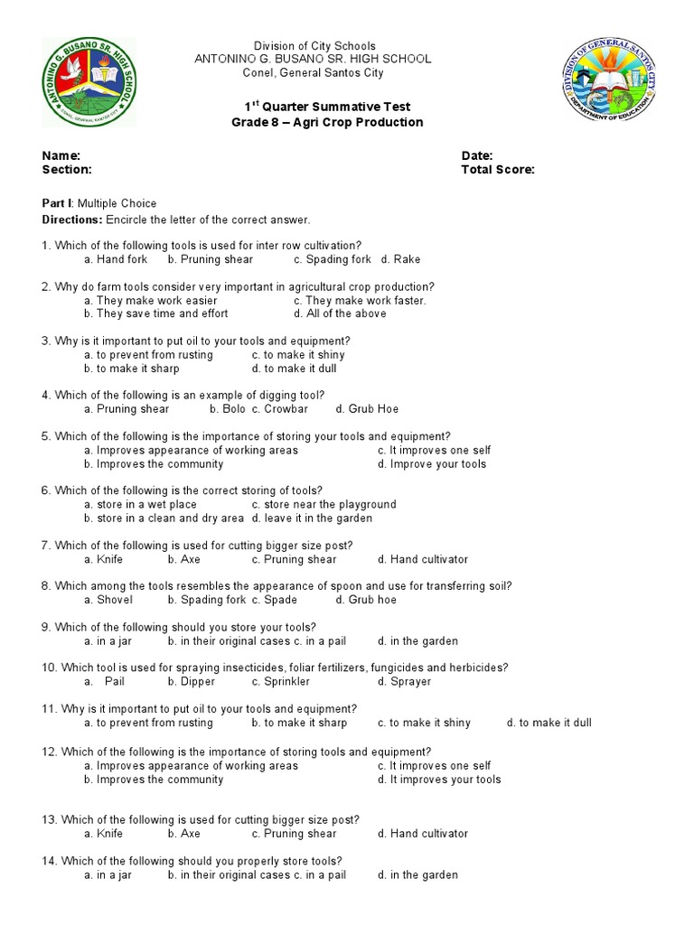 Grade 8 Agriculture Crop Production Test | PDF | Irrigation | Natural ...