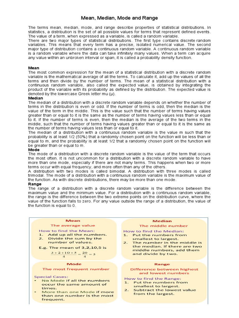 The Mean, Median, Mode, Range | PDF | Mode (Statistics) | Probability ...