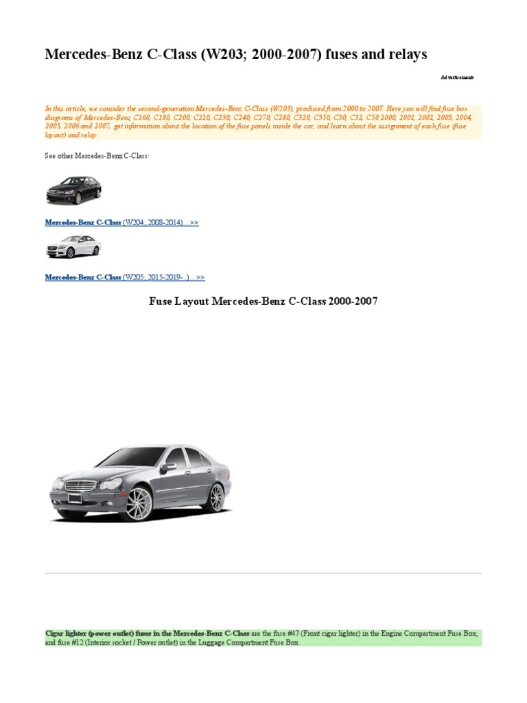 mercedes c class 2019 cigarette lighter location W203 Mercedes C-Class Fuse Diagrams | PDF | Relay