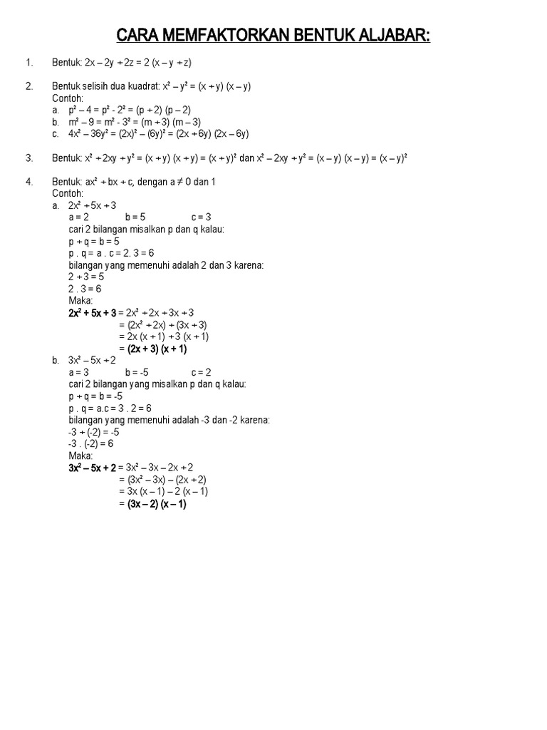 Cara Memfaktorkan Bentuk Aljabar Pdf
