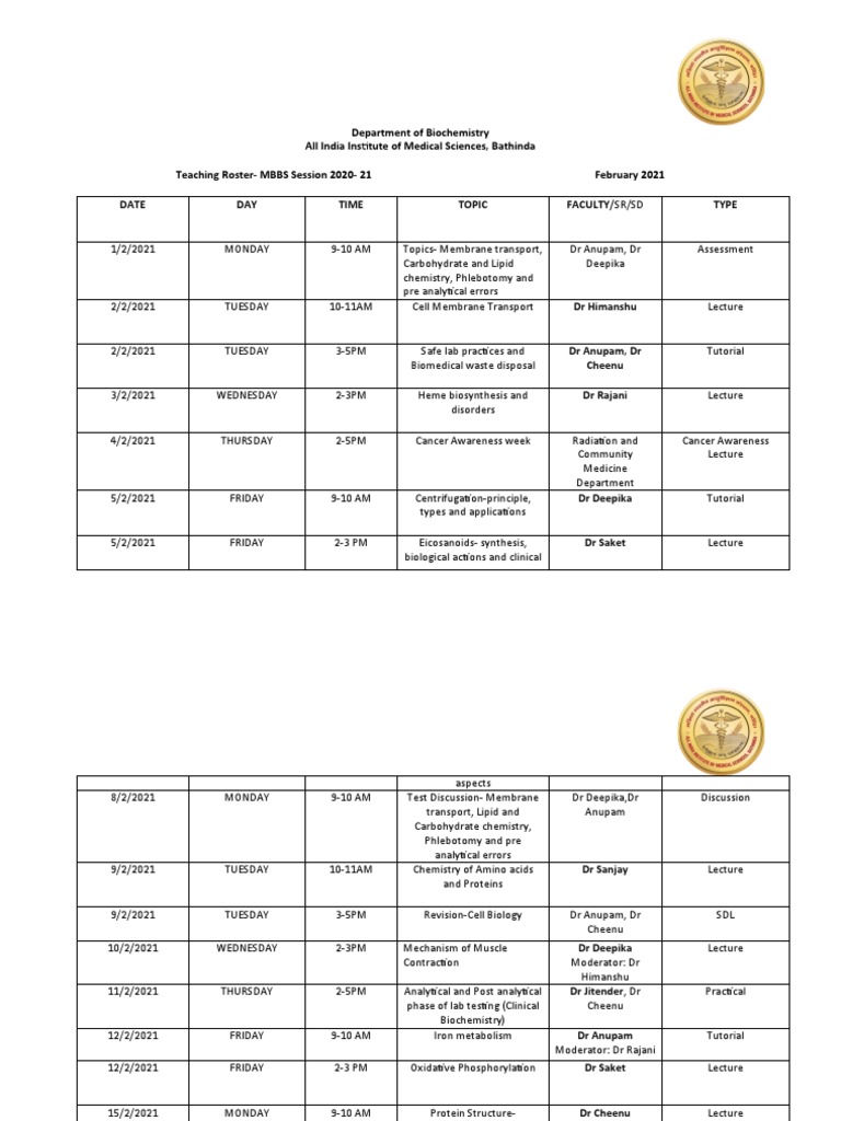 MBBS Biochemistry Teaching Roster 2021 | PDF | Proteins | Macromolecules