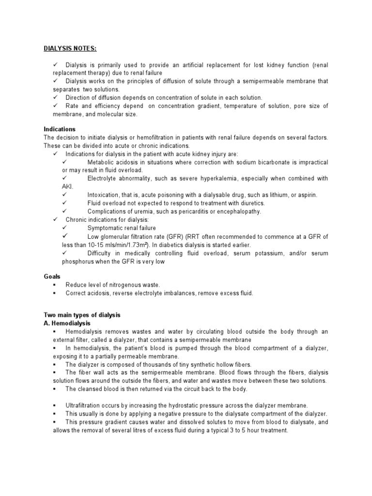 DIALYSIS NOTES 1 Hemodialysis Dialysis