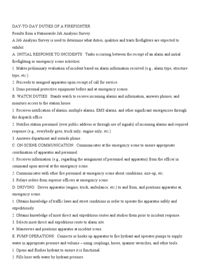 Firefighter Daily Duties Overview | PDF | Firefighter | Fire Engine