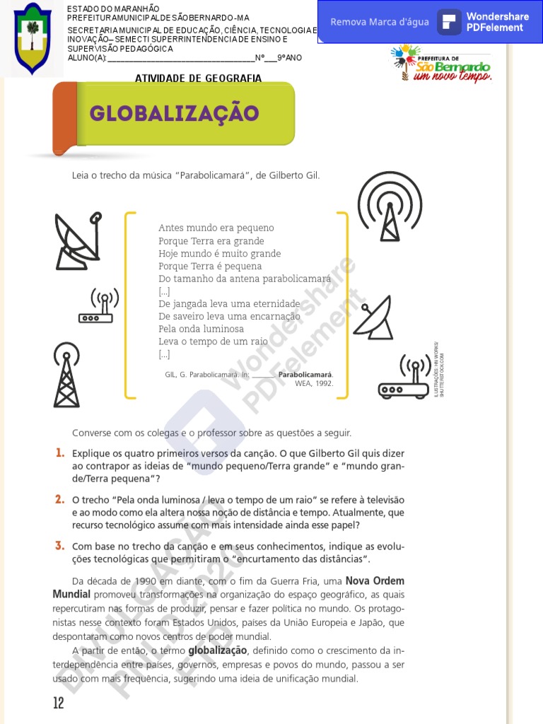 Atividade de Geografia 9º Ano - 1 Parte | PDF | Globalização | Terra
