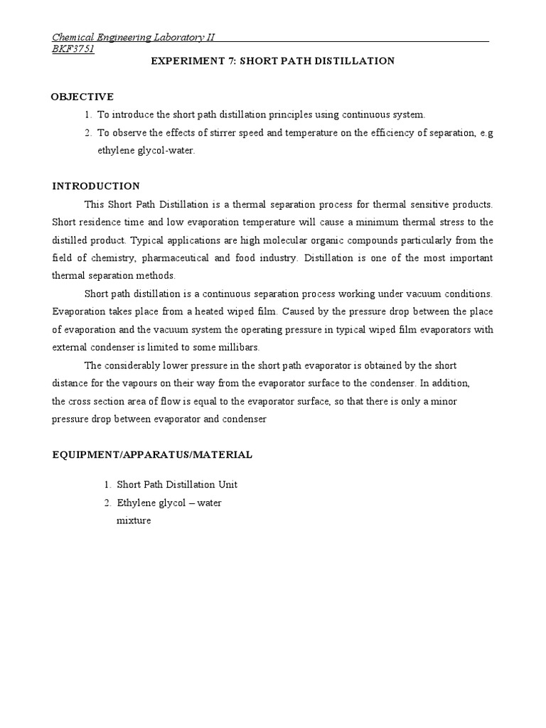Short Path Distillation of Ethylene Glycol | PDF | Distillation ...