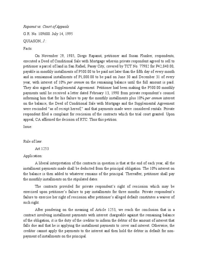 Rapanut v. Court of Appeals Case Summary | PDF | Interest | Payments