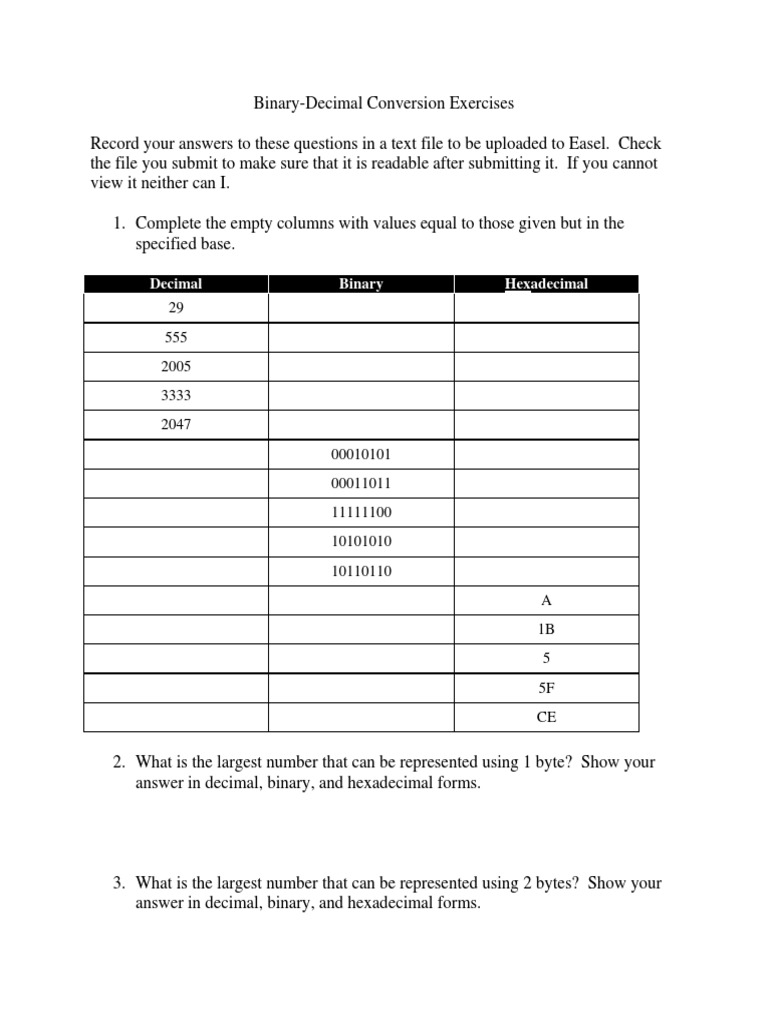 Binary Hex Decimal Worksheet