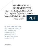 T.C. Manisa Celal Bayar Üniversitesi Eğitim Fakültesi 2020-2021 Eğitim Öğretim Yılı Güz Yarıyılı Psikolojiye Giriş Dersi Final Ödevi