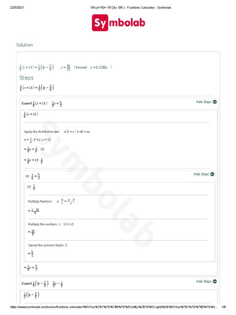 1 6 (Y+15) 1 5 (3y 5 6) Fractions Calculator Symbolab PDF