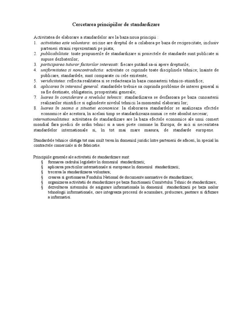 Cercetarea Principiilor de Standardizare | PDF