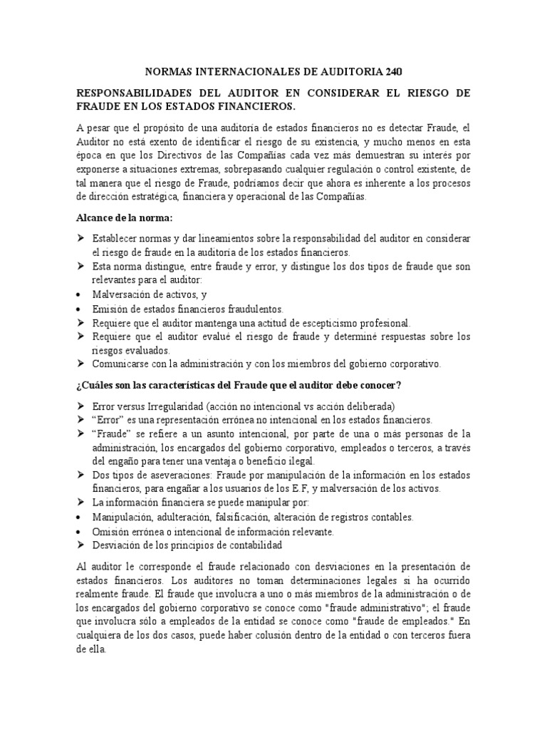 Auditoría y Riesgo de Fraude: NIA 240 | PDF | Auditoría | Contralor