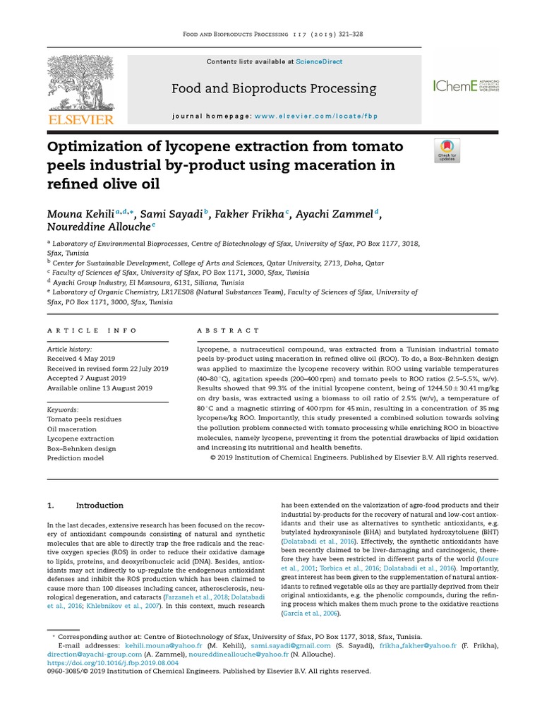 Optimization of Lycopene Extraction From Tomato Peels Industrial By