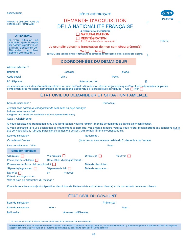 Formulaire De Demande De Nationalité Française Par Mariage Pdf Cerfa 12753-03 | PDF | Naturalisation | Mariage