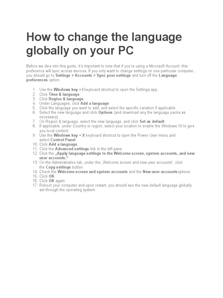 Change PC Language Settings Globally | PDF