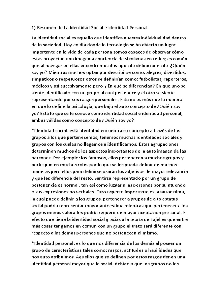 Resumen de La Identidad Social e Identidad Personal. | PDF | Autoestima ...