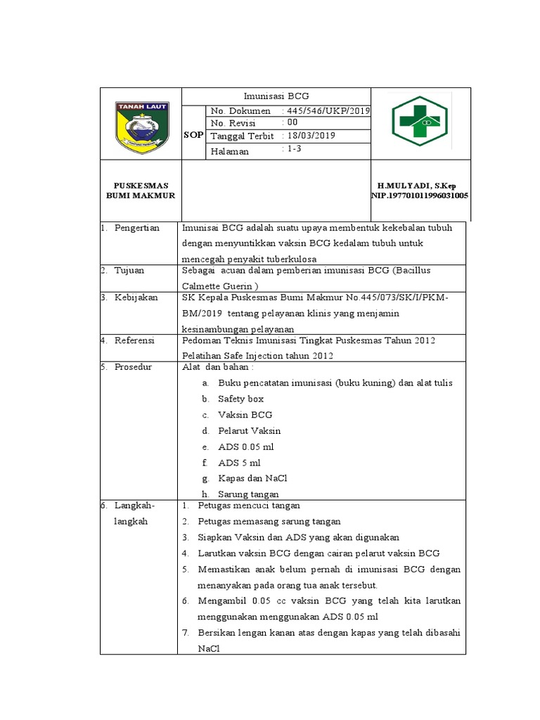 SOP Imunisasi Vaksin BCG Puskesmas | PDF | Sains & Matematika