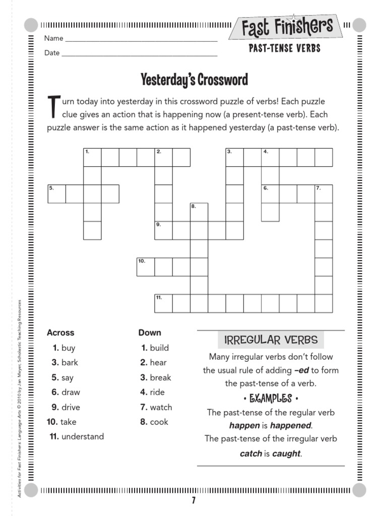 Yesterday S Crossword Past Tense Verbs Pdf Semantic Units Grammar
