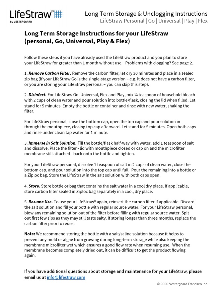 Long Term Storage Instructions For Your Lifestraw (Personal, Go