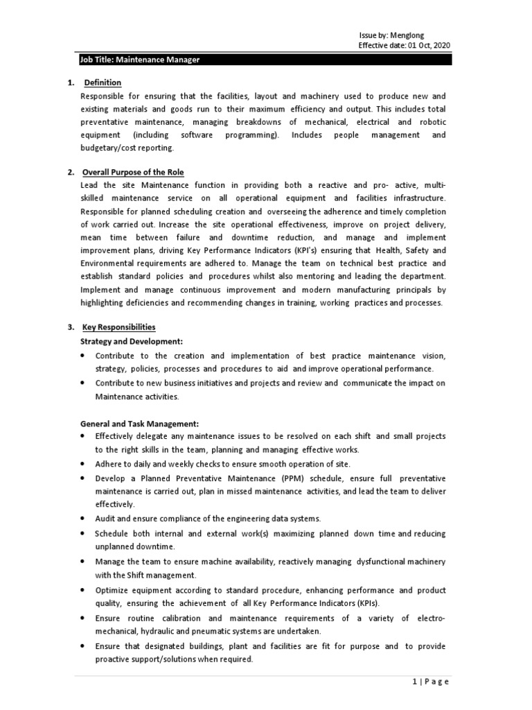 MaintenanceManager Job Description PDF Business