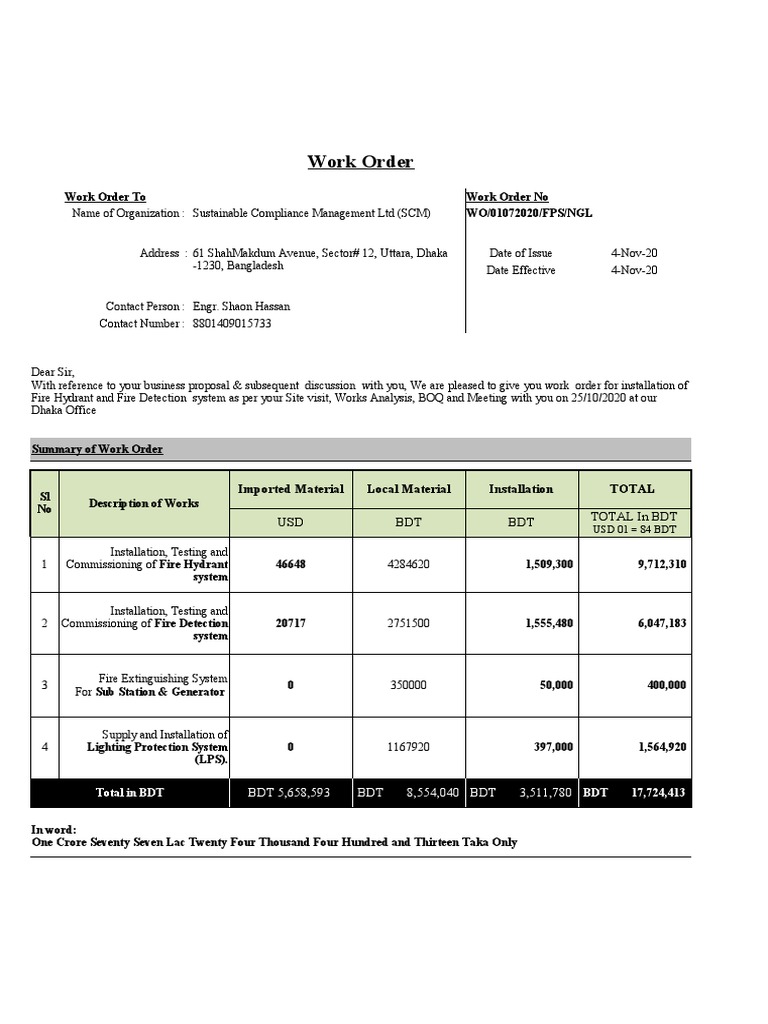 Work Order for Fire Safety Installation | PDF | Pipe (Fluid Conveyance ...